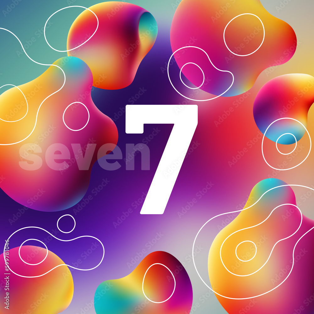 set of white numbers, multicolored shapes in the background, 3d rendering, seven