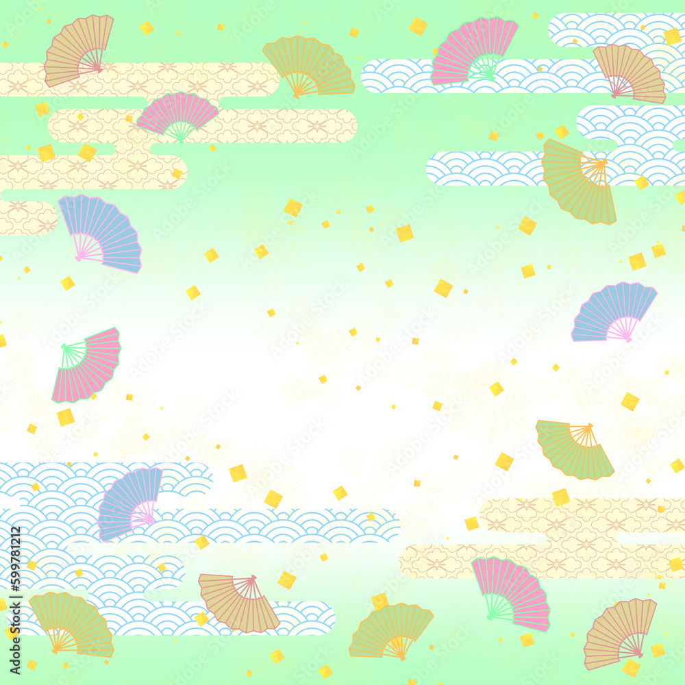 扇が舞うポップでカラフルな和柄背景
扇が舞うポップでカラフルな和柄背景