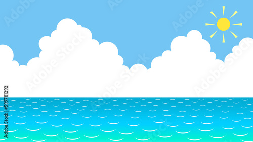 入道雲と太陽と青空と海のシンプルなイラスト背景素材
