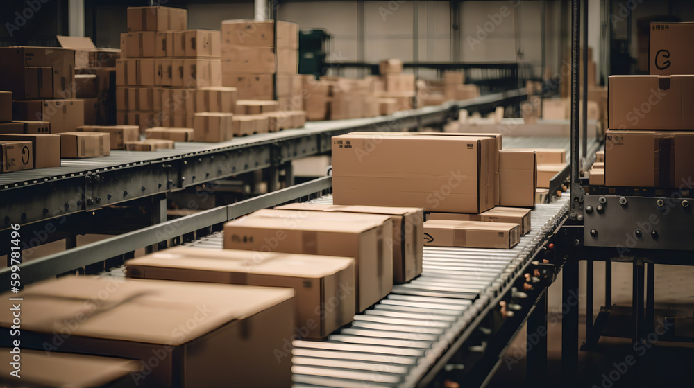 Efficient Operations in a Busy Warehouse packages conveyer belt - obrazy, fototapety, plakaty 