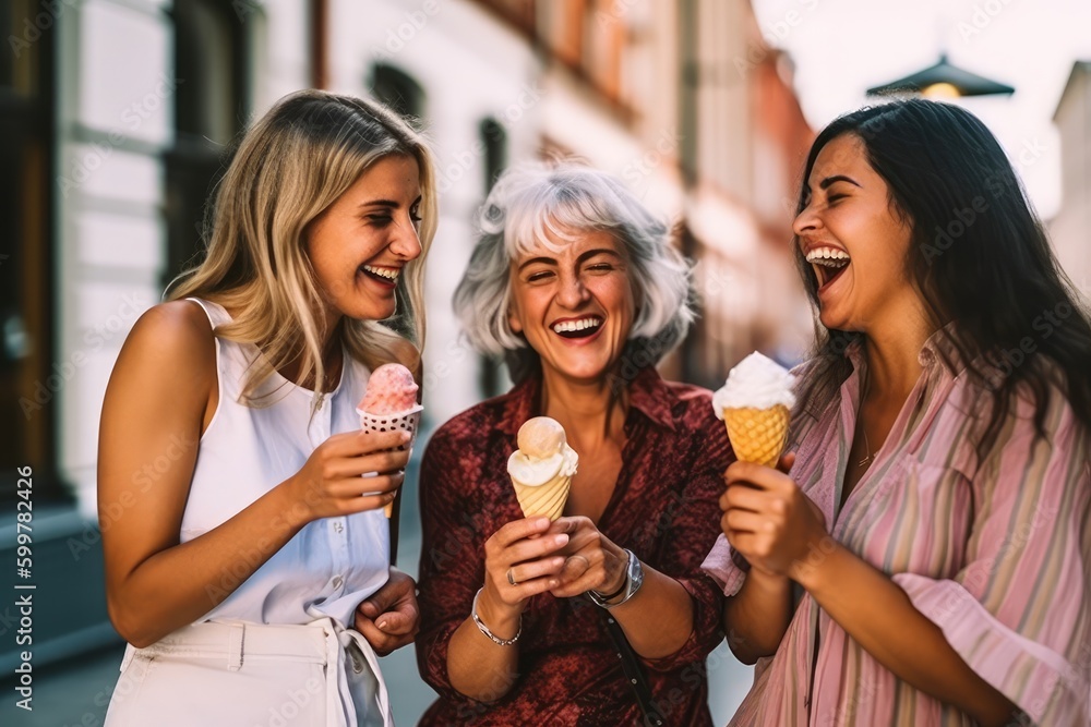 Group of happy women eating ice cream outdoors at city urban street- Three old and young friends girls having fun and walking together outside-Joyful. Generative AI
