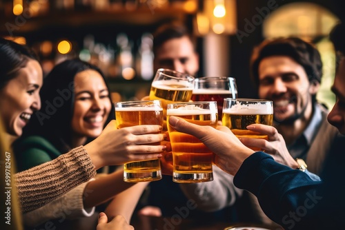 group of people cheering and drinking beer at bar pub table -Happy young friends enjoying happy hour at brewery restaurant-Youth culture-Life style food and beverage. Generative AI