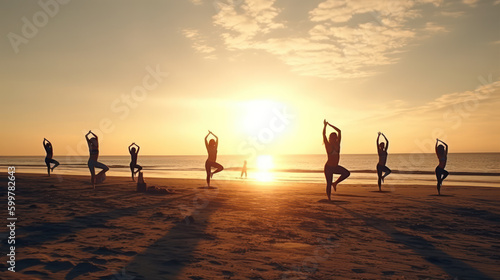 Beach Yoga at Sunset. Generative AI