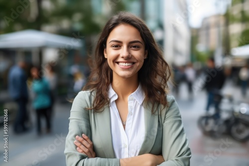 Young happy pretty smiling professional business woman, happy confident positive female entrepreneur standing outdoor on street arms crossed, looking at camera, Generative AI