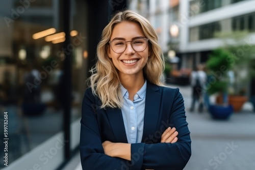 Young happy pretty smiling professional business woman, happy confident positive female entrepreneur standing outdoor on street arms crossed, looking at camera, Generative AI © Adriana