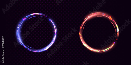 Abstract ring background with glowing swirling background. Energy flow tunnel. Blue portal with light distortion. Magic circle vector. Round frame with light effect