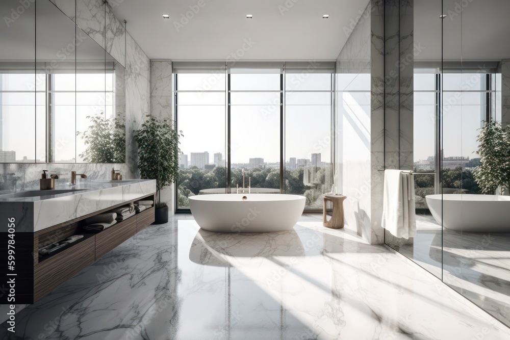 Contemporary bathroom design, high-end designer bathroom with freestanding tub, natural light and white marble - obrazy, fototapety, plakaty 