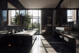 Contemporary bathroom design, high-end designer bathroom with freestanding tub, natural light and black marble