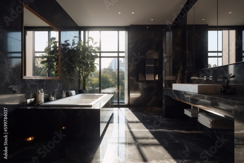 Contemporary bathroom design, high-end designer bathroom with freestanding tub, natural light and black marble © aboutmomentsimages