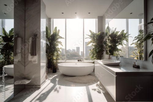 Details of modern design bathroom featuring a freestanding tub and white marble details. Natural light and plants