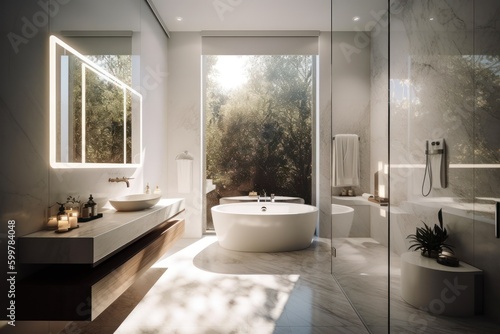 A soothing bathroom retreat  featuring a freestanding tub  abundant natural light  and vibrant plants for a serene and revitalizing ambiance.3d render  generative ai