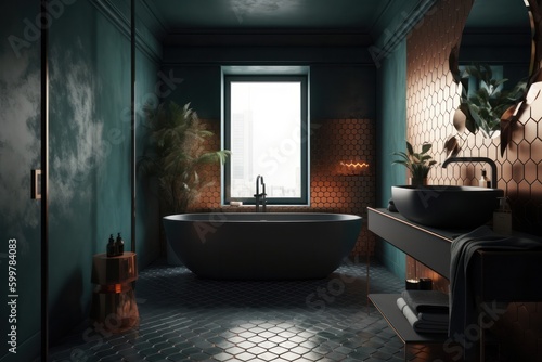 Highly luxurious details of modern bathroom  green tones with elegant freestanding tub