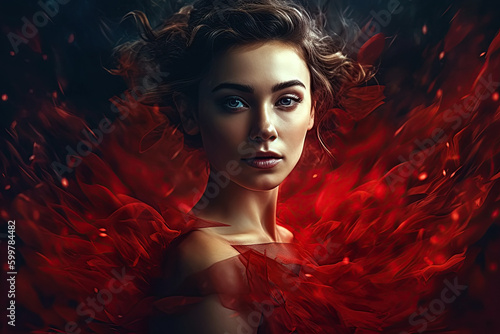 woman in red dress with double exposure. Generative AI illustration