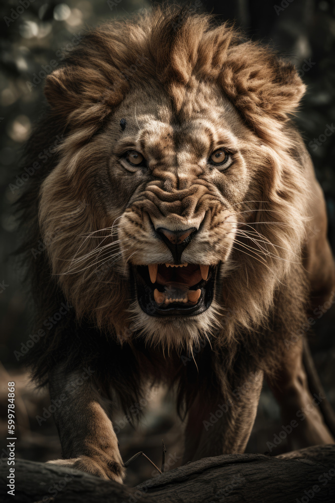 Wild lion roaring aggressively. Jungle forest savannah running generative ai