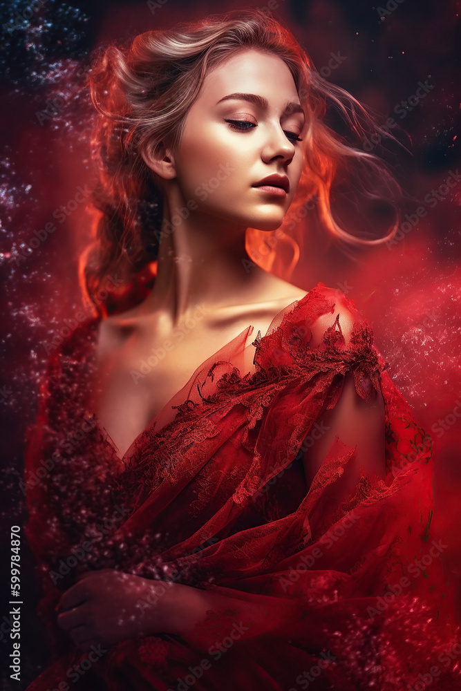 gorgeous beautiful woman in a red dress. Book cover of romantic novel with double exposure. Generative AI illustration - obrazy, fototapety, plakaty 