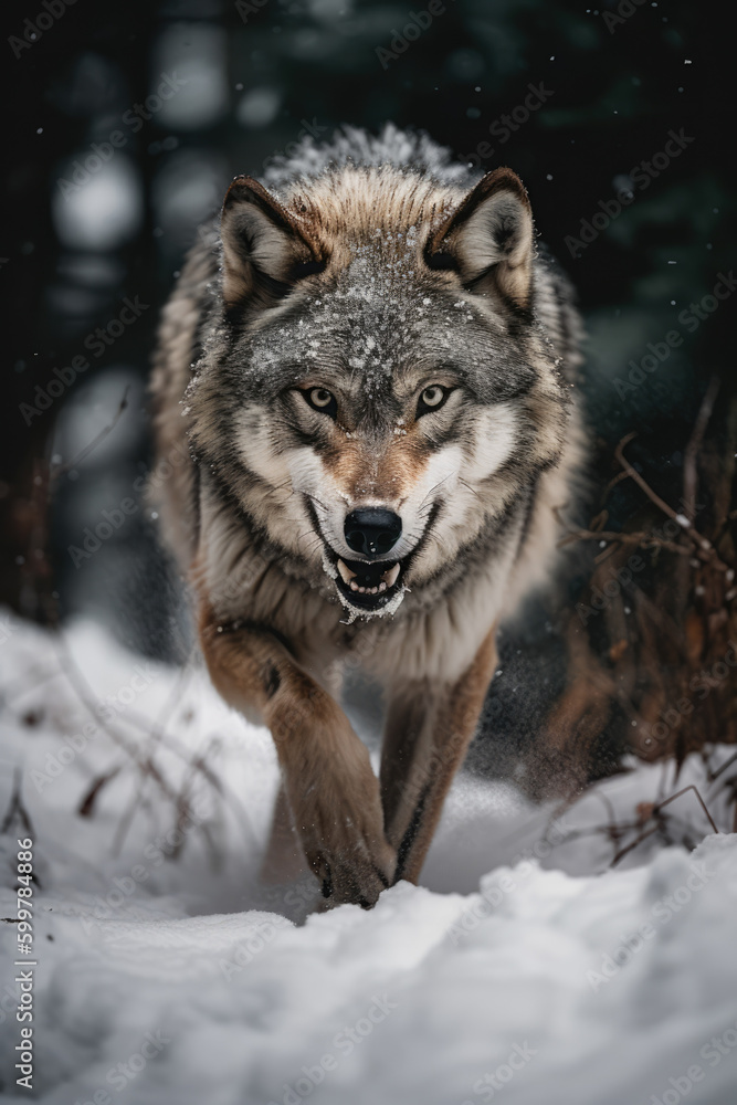 Gray wolf in a snowy forest. Wild animal aggressively running towards the camera generate ai Gray wolf in a snowy forest. Wild animal aggressively running towards the camera generate ai