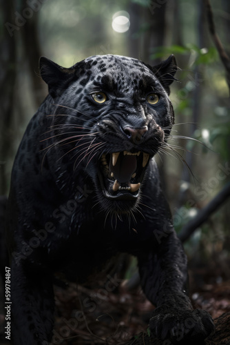 Wild black panthera roaring aggressively. Jungle forest running generative ai