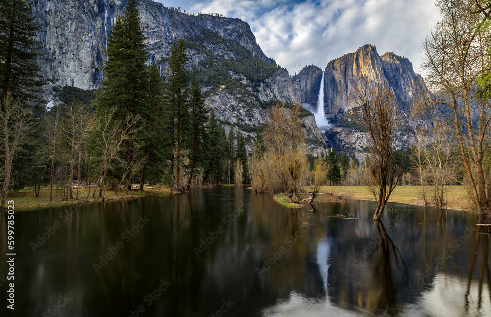 Yosemite Falls and a reflection in the spring, Yosemite National Park California