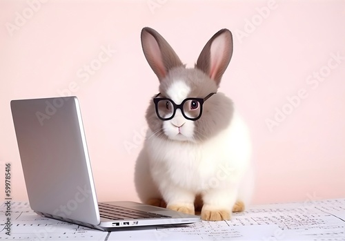 Cute bunny with eyeglasses and laptop. Concept of hardworking pet.