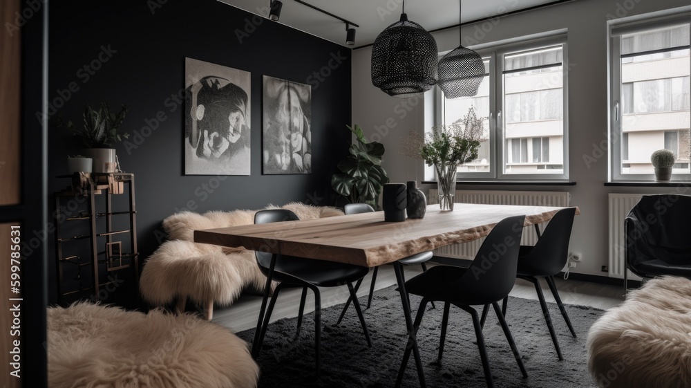 Interior design of Dining Room in Scandinavian style with Chandelier ...