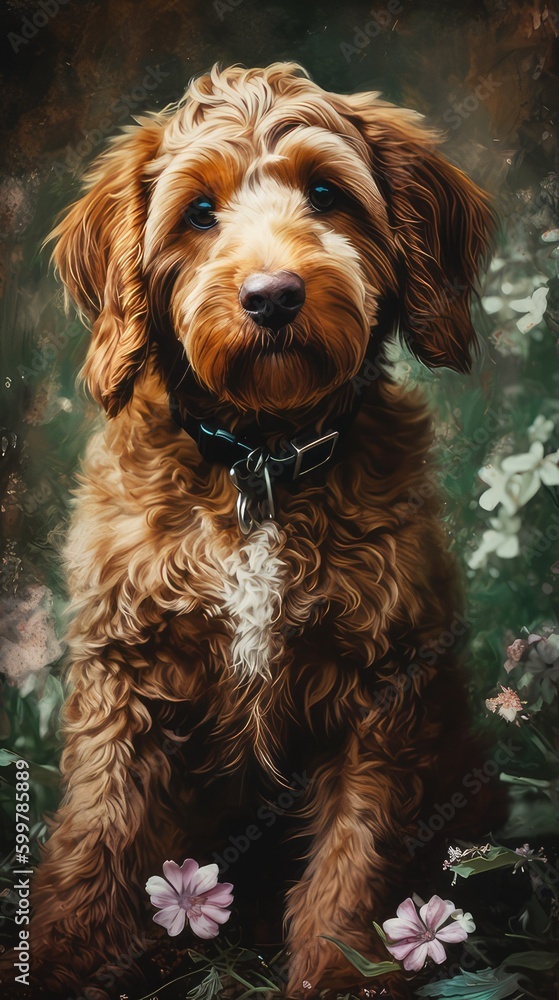 Brown Dog with Flowers Painting. Generative AI Brown Dog with Flowers Painting. Generative AI