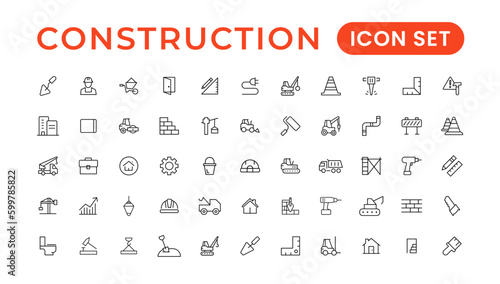 Construction line icons set. Home repair tools outline icons collection. Construction tools, builders and equipment symbols. Builder, crane, engineering, equipment, helmet, tool, house - stock vector.