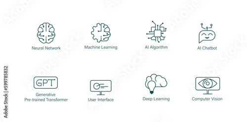 neural network, machine learning, automatic, data science, gpt, user interface, data learning, data analyzing icon set vector illustration 