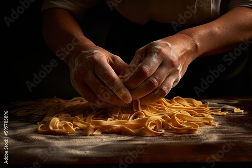 Person Preparing Pasta on Wooden Plate. Generative AI