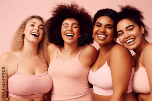 Group of different fat women posing on pink background. Generative AI