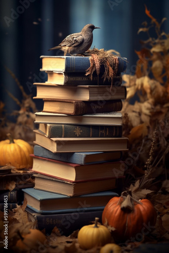 A stack of old books with autumn-themed covers, such as "To Kill a Mockingbird" or "The Catcher in the Rye". Generative AI technology..