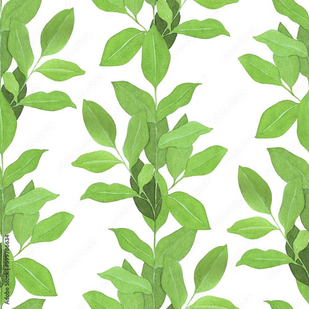 seamless pattern watercolor green leaves, vertical lines on white background, for textiles, wrapping paper, scrapbooking, textiles, wallpaper