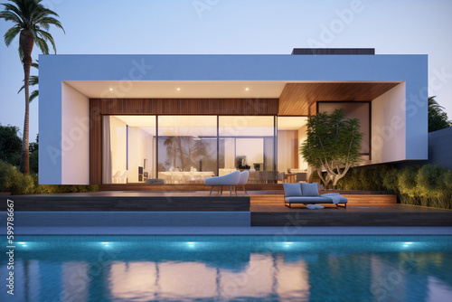 close up view of a modern luxurious  house with a pool, generative ai © Srikanth