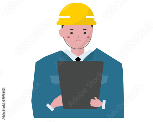 タブレット操作をする作業員の男性。ベクターイラスト