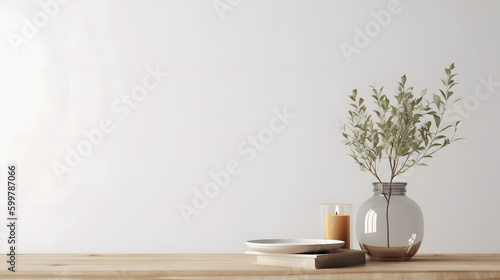 Traditional interior wall mockup with green twigs in vase and candle standing on light brown wooden table on empty white background. 3D rendering  illustration