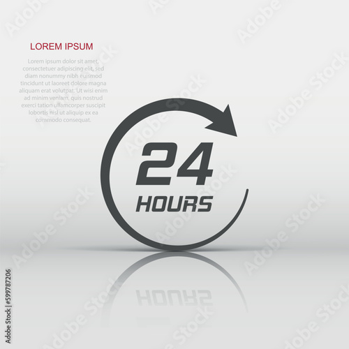 Twenty four hour clock icon in flat style. 24/7 service time illustration on white isolated background. Around the clock sign concept.