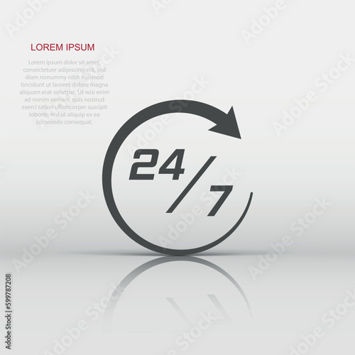 Twenty four hour clock icon in flat style. 24/7 service time illustration on white isolated background. Around the clock sign concept.