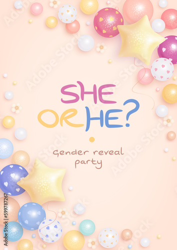 He or she. Cartoon gender reveal invitation template. Vertical banner with helium balloons and flowers. Vector illustration