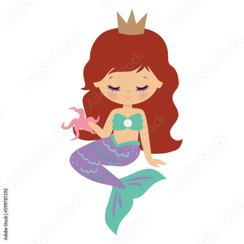 Cute sitting mermaid girl vector cartoon illustration. 