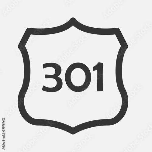 US 301 highway road. Travel information sign. Interstate highway shields used in the US. Vector illustration