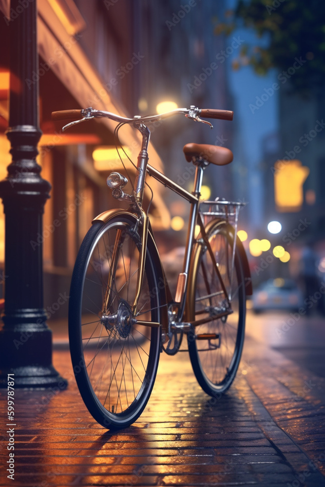 An urban commuter bike with fenders, a rear rack, and integrated lights