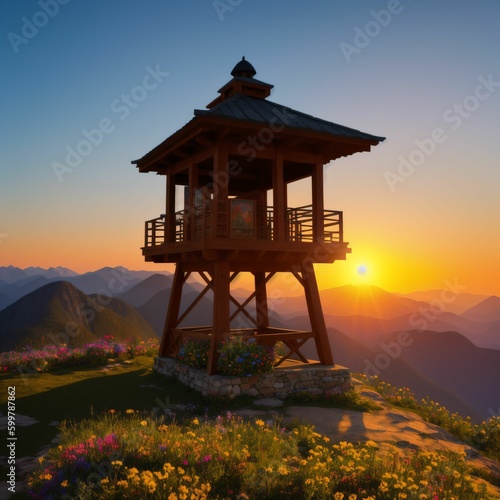 Watchtower in the mountains at sunrise created with Generative AI Technology © JClem