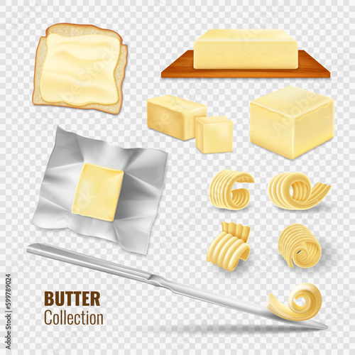 3d butter block, milk bar. Buttery package for breakfast, creamy milky product, calories and cooking ingredients. Natural dairy pieces and slices, bread with knife. Vector realistic set