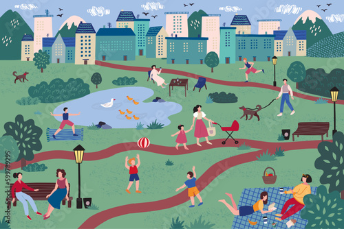 Fototapeta Naklejka Na Ścianę i Meble -  Spring park. Picnic in green forest. Outdoor healthy sport. Eco travel on lake. Fitness tourism. Urban landscape. People walking in nature. Kids play with ball. Vector illustration