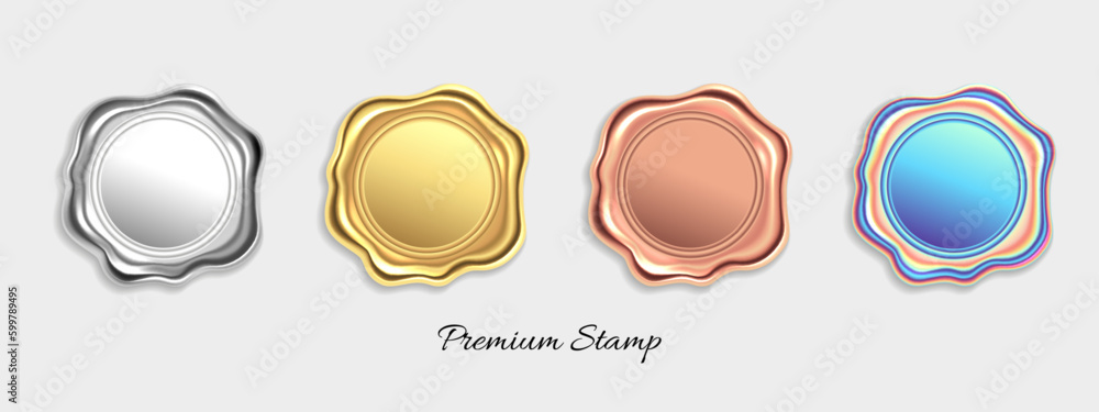 Gold, silver seal stamp. Wax certificate luxury label, bronze or golden award icon, warranty mark or guarantee tag, certificate or envelope emblem. 3D isolated design elements. Vector icons set Gold, silver seal stamp. Wax certificate luxury label, bronze or golden award icon, warranty mark or guarantee tag, certificate or envelope emblem. 3D isolated design elements. Vector icons set
