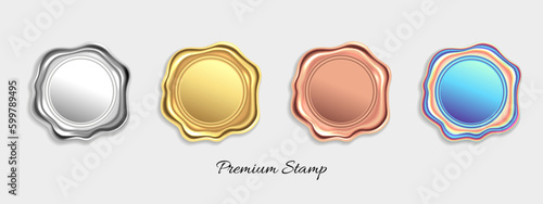 Gold, silver seal stamp. Wax certificate luxury label, bronze or golden award icon, warranty mark or guarantee tag, certificate or envelope emblem. 3D isolated design elements. Vector icons set