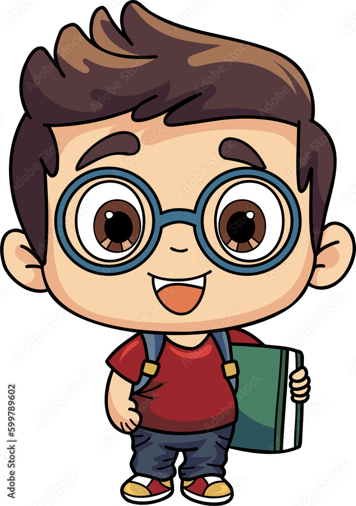 Happy boy holding a book illustration in doodle style Happy boy holding a book illustration in doodle style