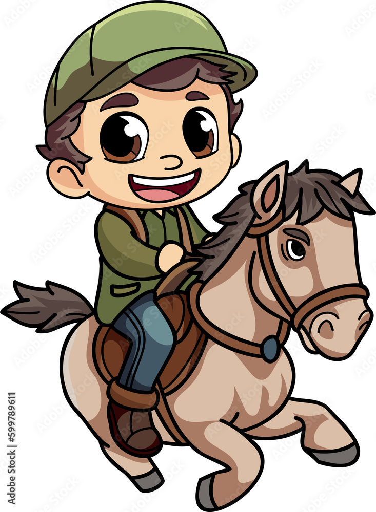 Happy farmer man riding a horse character illustration in doodle style Happy farmer man riding a horse character illustration in doodle style