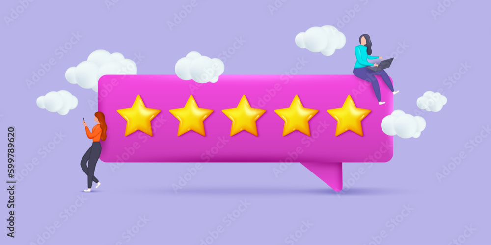 3d stars on speech bubble, consumer review. Customers rate, comments in survey, service experience, assessment or feedback concept, user questionnaire. Vector cartoon people, clients satisfaction 3d stars on speech bubble, consumer review. Customers rate, comments in survey, service experience, assessment or feedback concept, user questionnaire. Vector cartoon people, clients satisfaction
