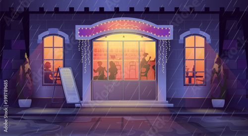 Cartoon night bar exterior. Street shop. Restaurant door porch. People drinking alcohol in pub. Outside dark facade of cafeteria. Rain in front of building. Vector illustration background