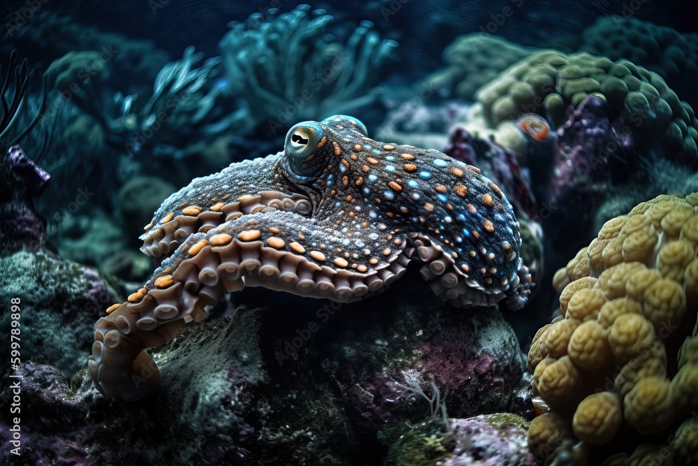 A large octopus at the bottom of the sea between coral reefs, generative AI.